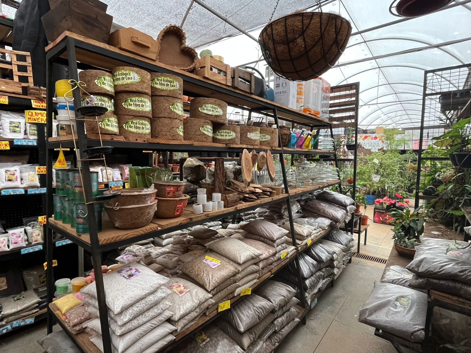 Área interna da loja Hobby Verde CEASA com produtos e plantas